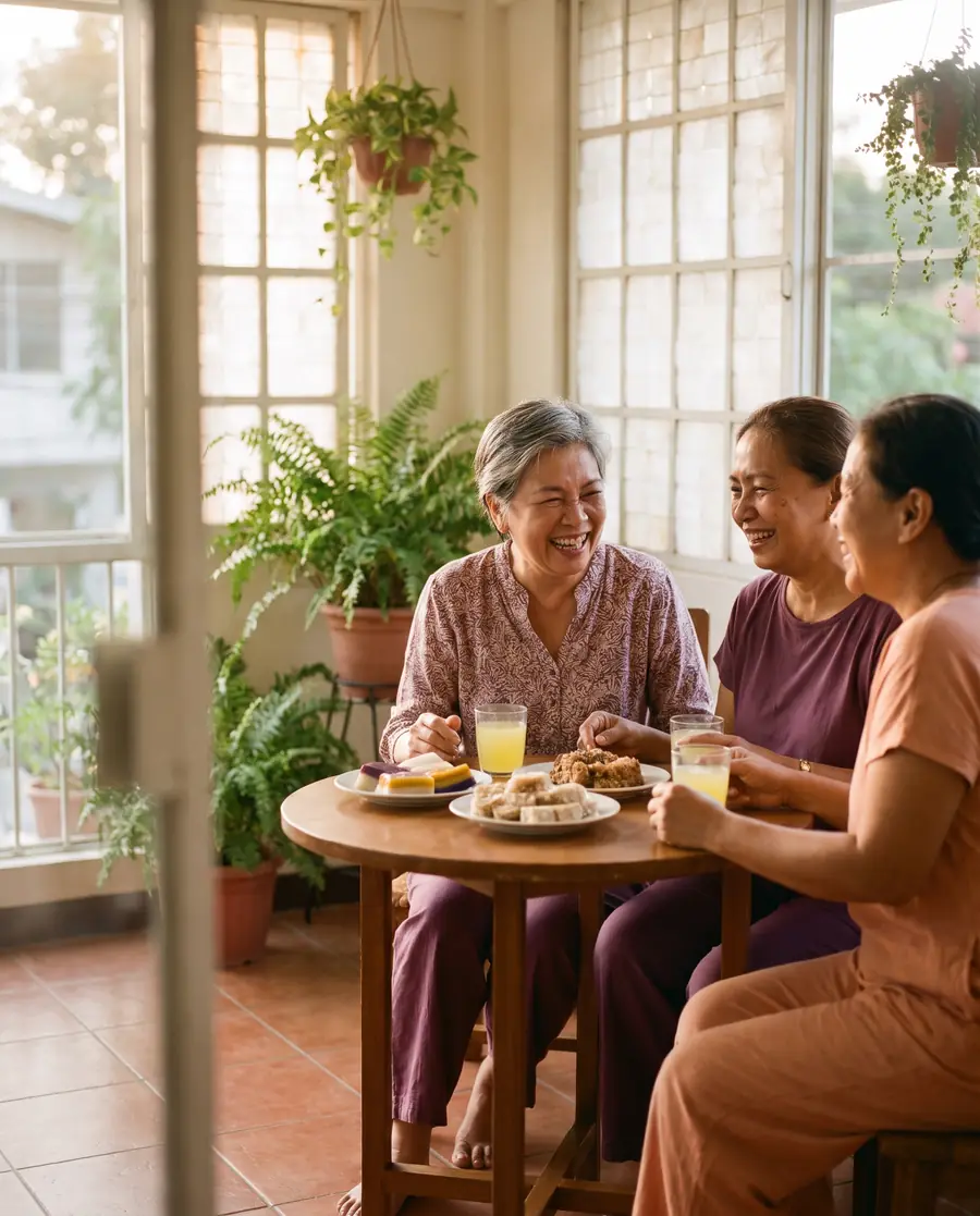 Illustrative image: three Filipina women in their 50s laughing over merienda