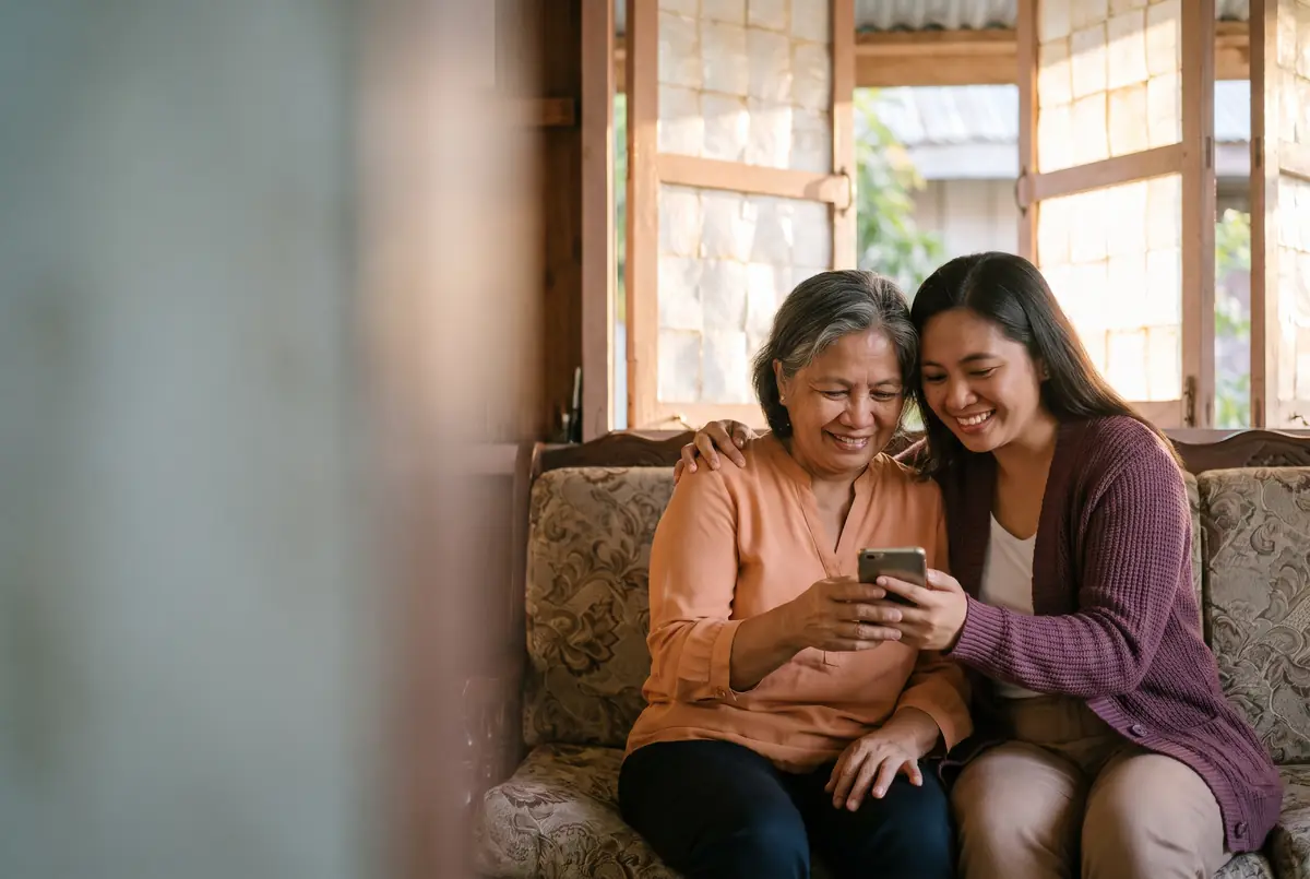 Illustrative image: a Filipina mother and her adult daughter looking at a phone together