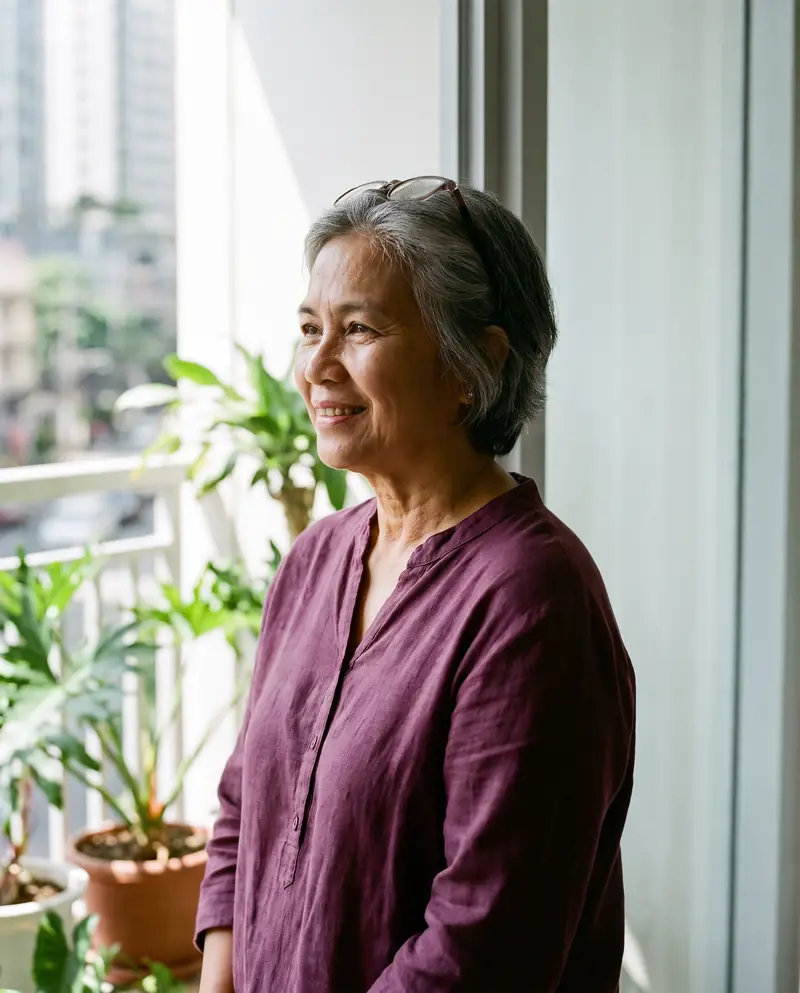 Illustrative image: a smiling Filipina woman in her 50s with silver hair by a window
