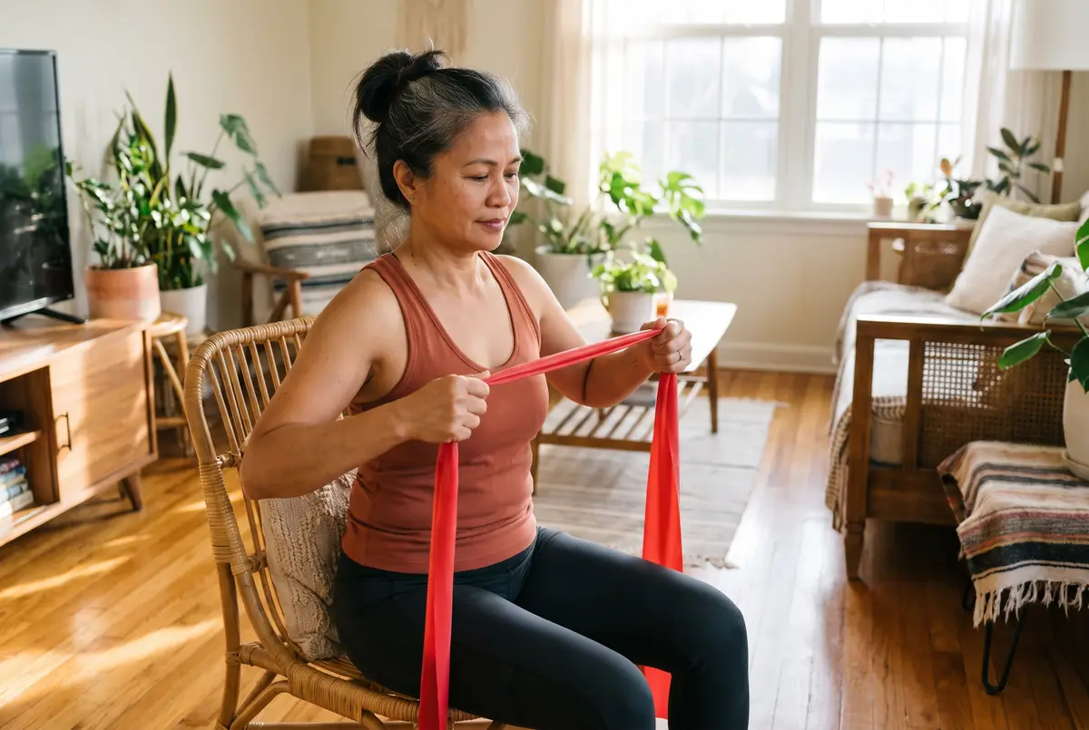 Illustrative image: a Filipina woman in her 50s doing a resistance band exercise at home